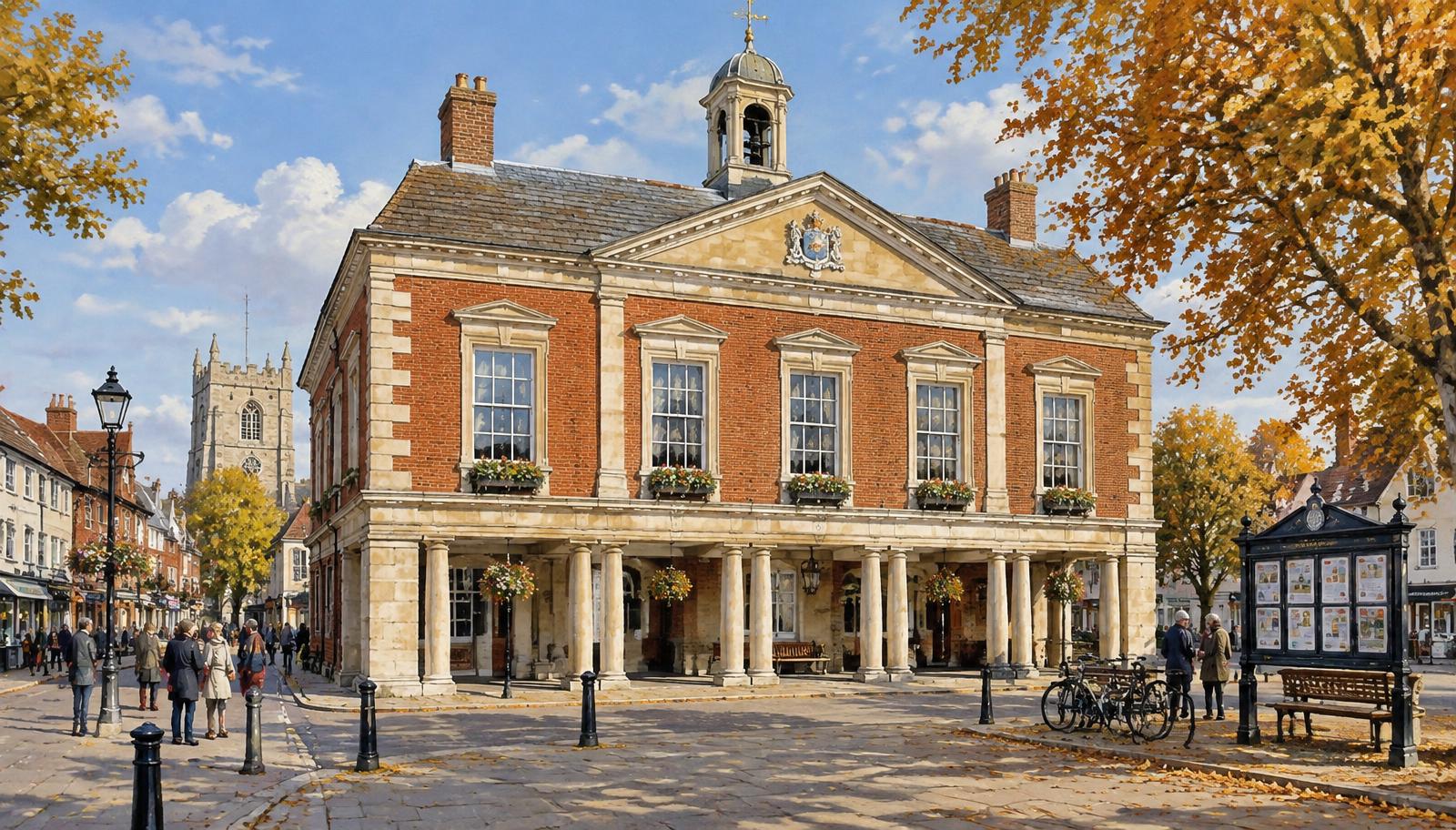 Artist's impression of a Georgian town hall on Market Hill, Huntingdon, with a community noticeboard