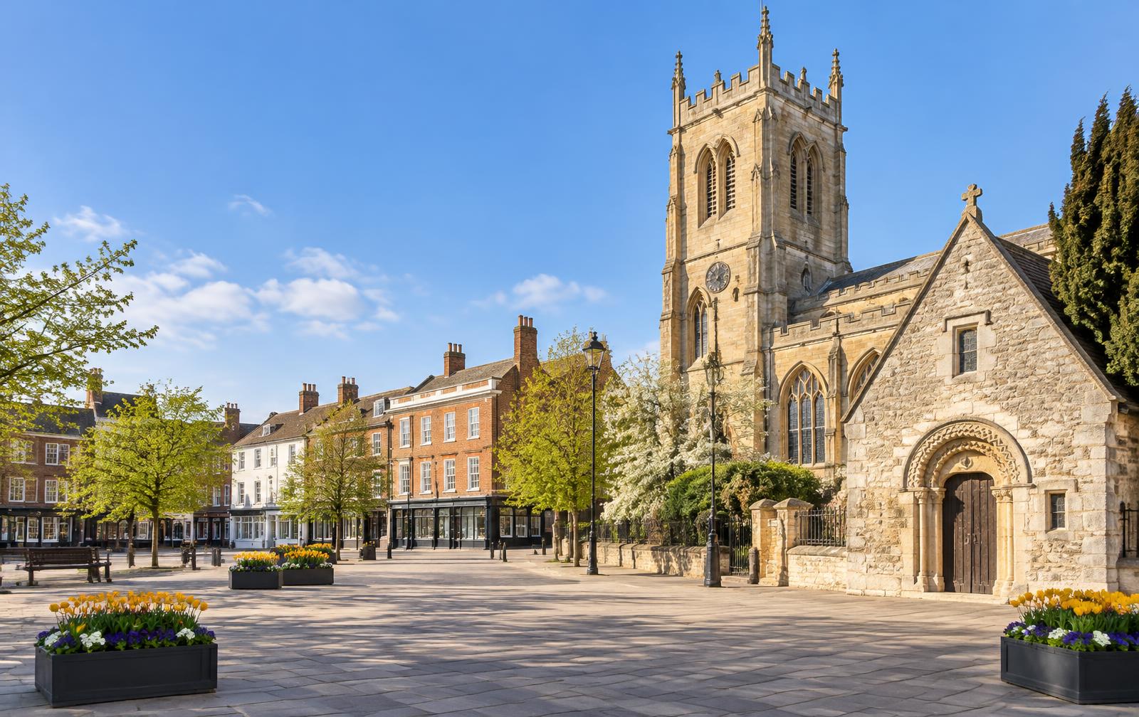 Artist's impression of Huntingdon Market Square with All Saints' Church and the Cromwell Museum